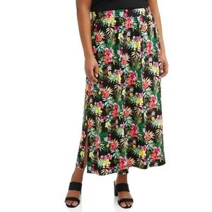 Terra & Sky Floral Pull‎ On Maxi Skirt 4X Multicolor Stretch Side Slit Tropical